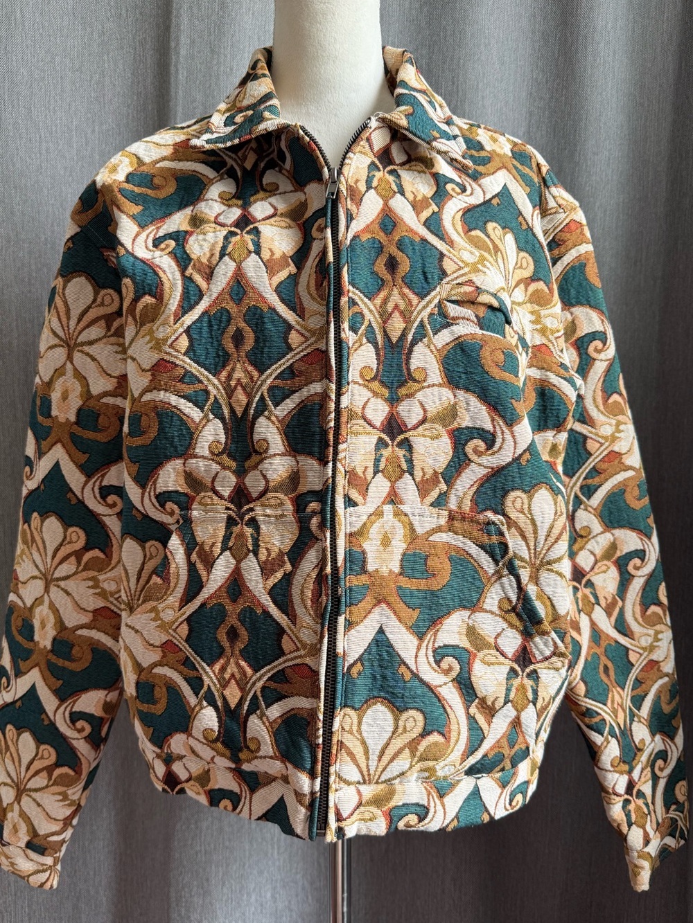 PacSun Teal, Cream & Brown Woven Zip Bomber Jacket